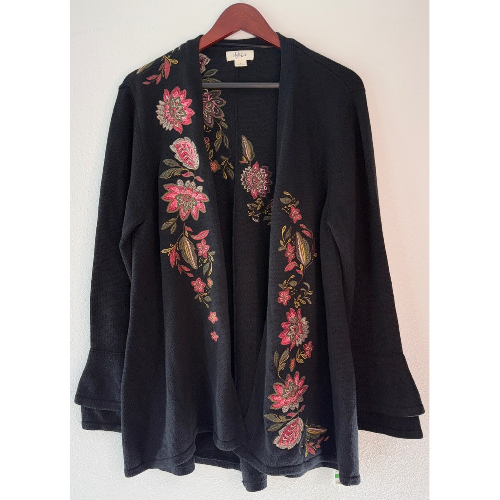 Style & Co Black Floral Embroidered Cardigan Tiered Bell Sleeve Fairy Grunge NWT